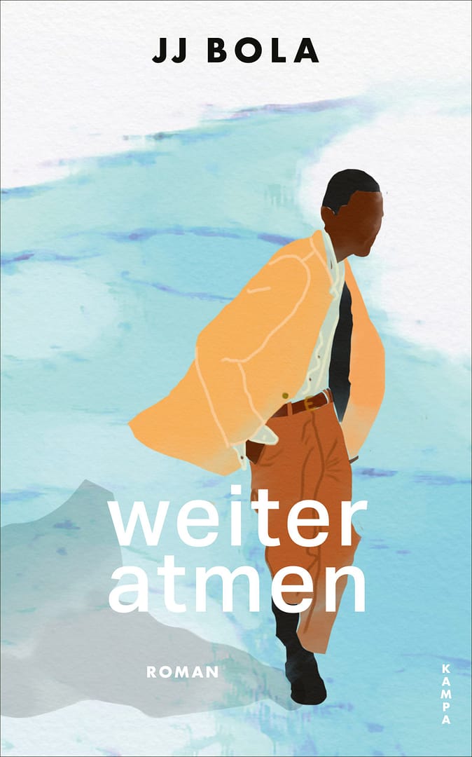 gemalter schwarzer mann am wasser auf dem buchcover weiter atmen von jj bola